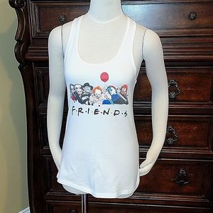 🤍 White Racerback Tank w/ "FRIENDS" Logo & Classic Halloween Villains, Size S